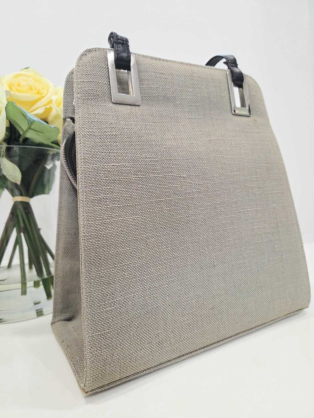 Vintage Stuart Weitzman handbag, beige canvas black leather, designer 90s